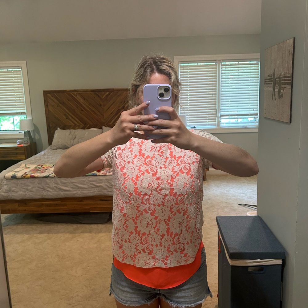 Neon orange and white lace overlay short sleeve blouse, small